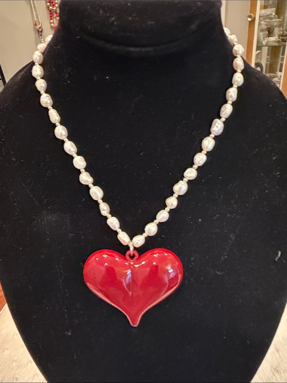 Classic White Pearl Necklace with Red Heart Pendant